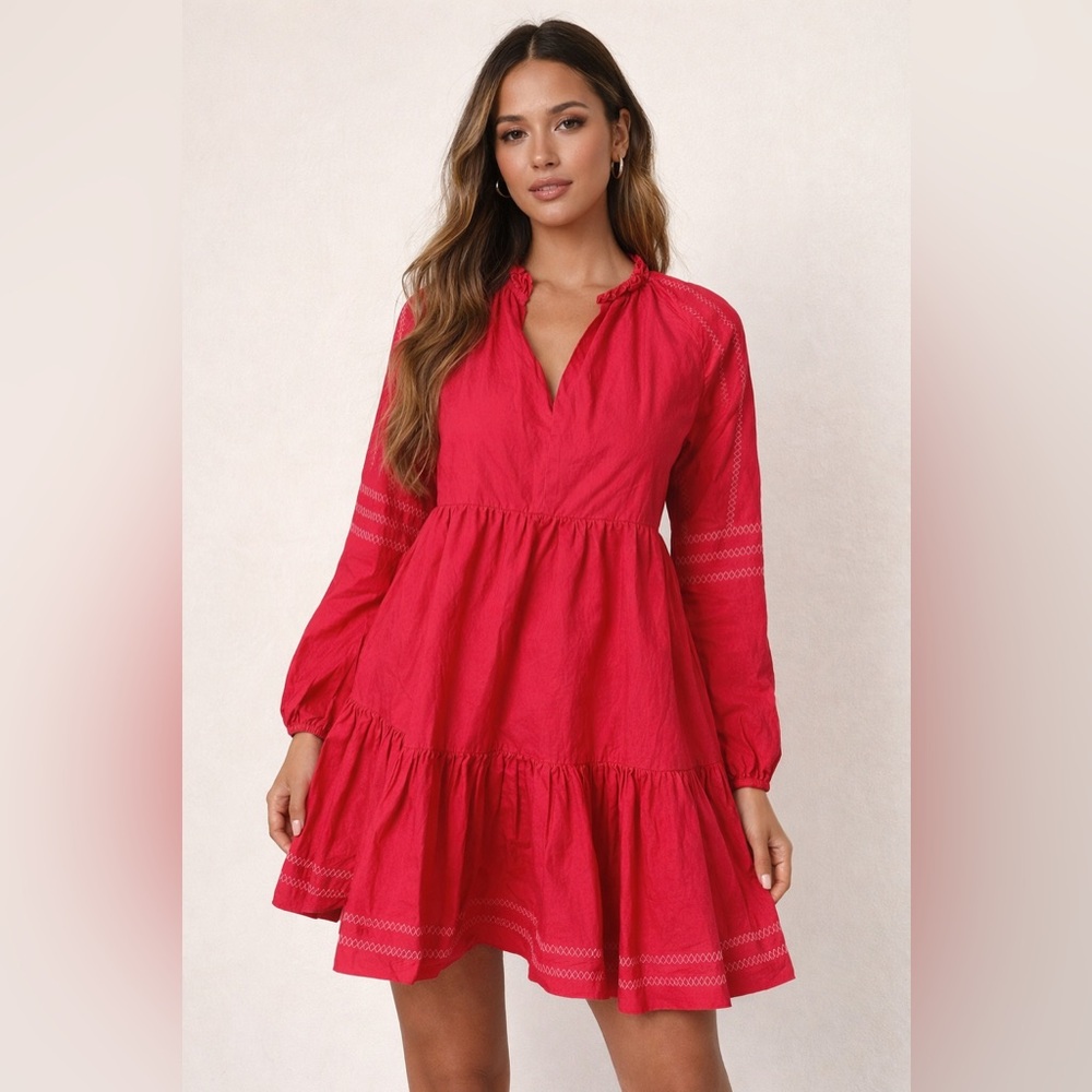 Hyacinth House by Tuckernuck Red Tiered Embroidered Dress XS
